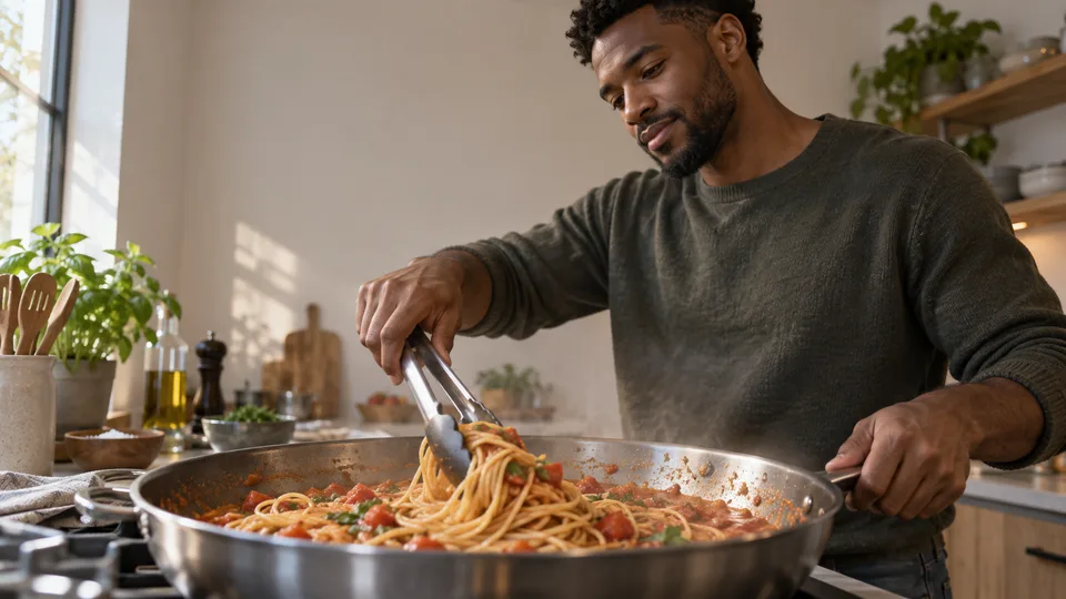A young man lifts cooked pasta with tongs above a pan during a quick dinner.