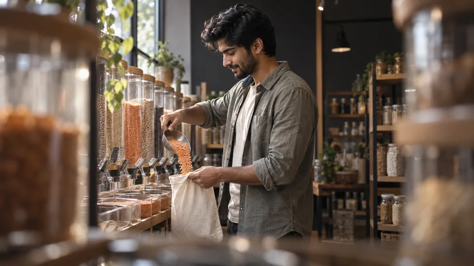 A shopper scoops loose dry goods into a reusable bag at a bulk-food shop.