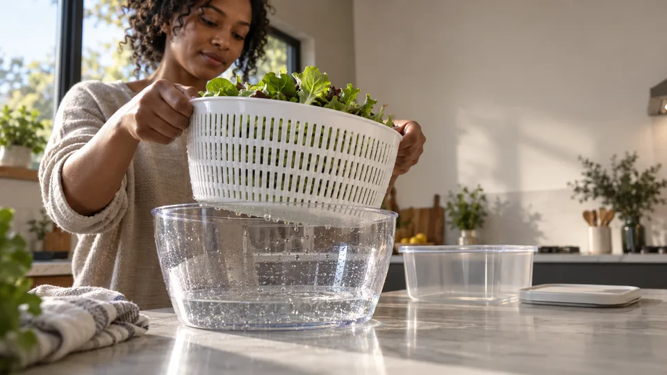 A young woman lifts washed greens from a salad spinner before putting them away.