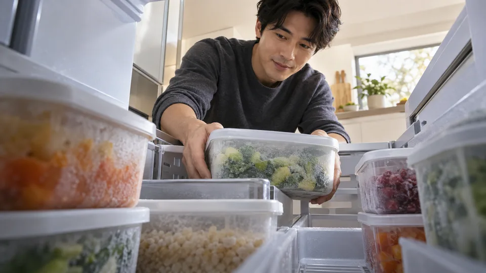 A young man arranges food containers inside an open freezer drawer.