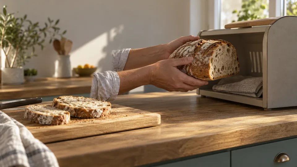 A partially sliced bread loaf is put away in a countertop bread box.