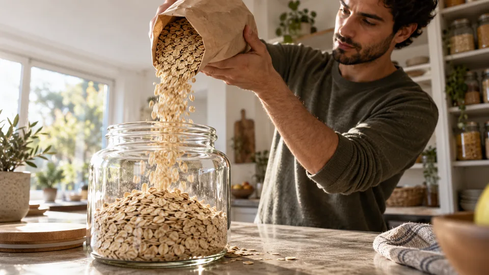 Dry oats pour into a clean glass jar during a pantry refill at home.