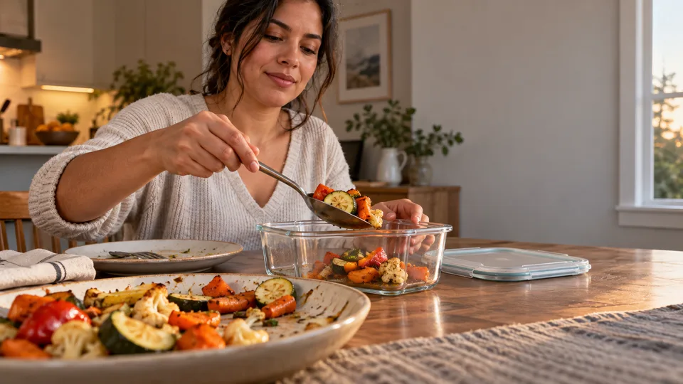 A young woman transfers cooked dinner leftovers from a plate into a food container.