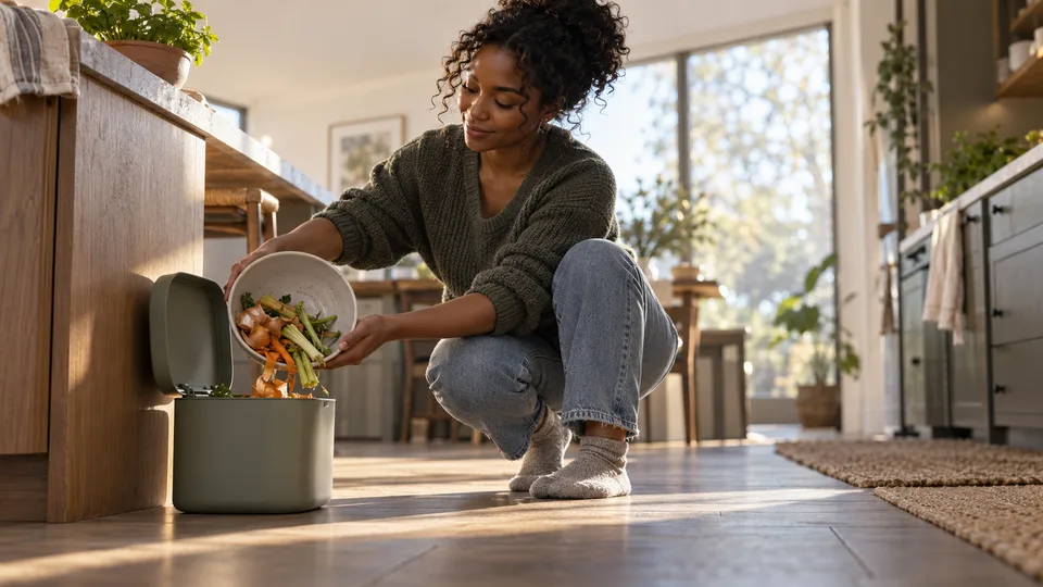 A young adult gathers vegetable scraps into a small kitchen compost caddy.