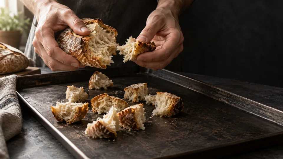 Hands tear edible day-old bread over a baking pan for another meal.
