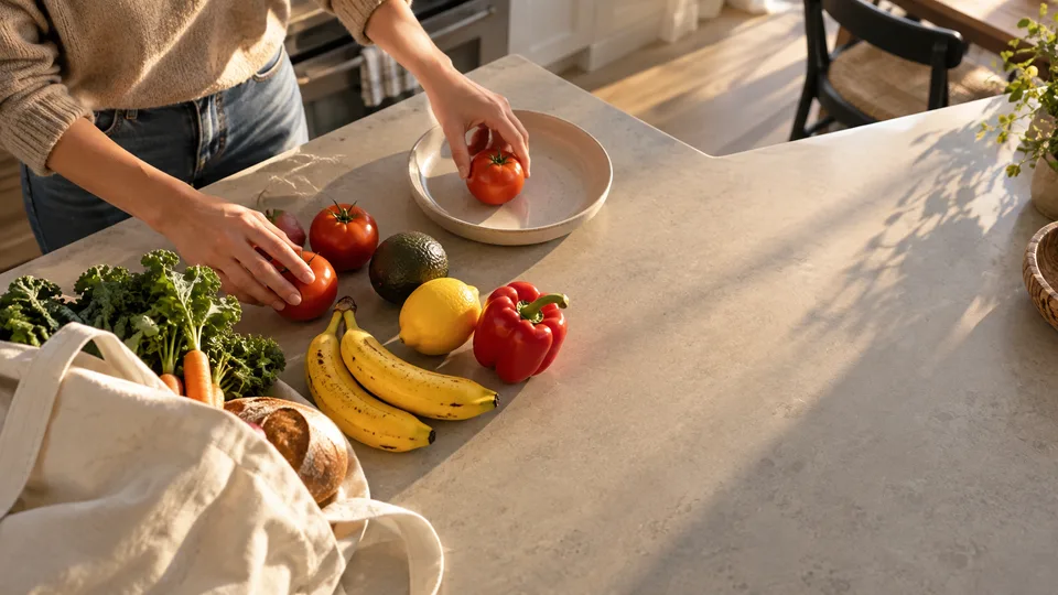 Ripe produce is gathered onto a kitchen tray to be used soon.