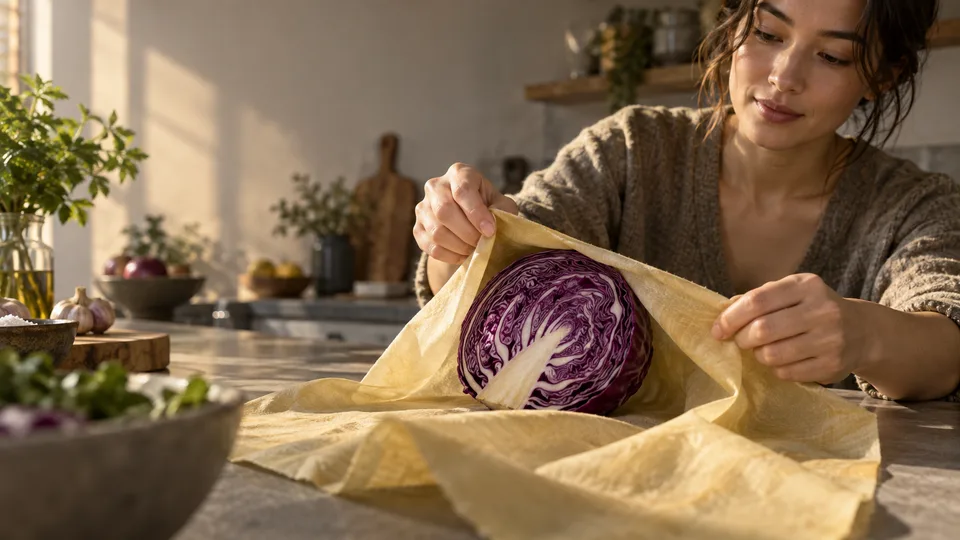 A young woman folds reusable cloth around a cut half of red cabbage.