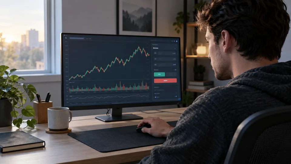 A young investor pauses over a first ETF order on a phone at his desk.