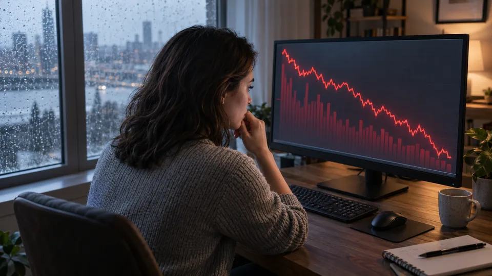 A woman considers a market downturn at home with investment information nearby.