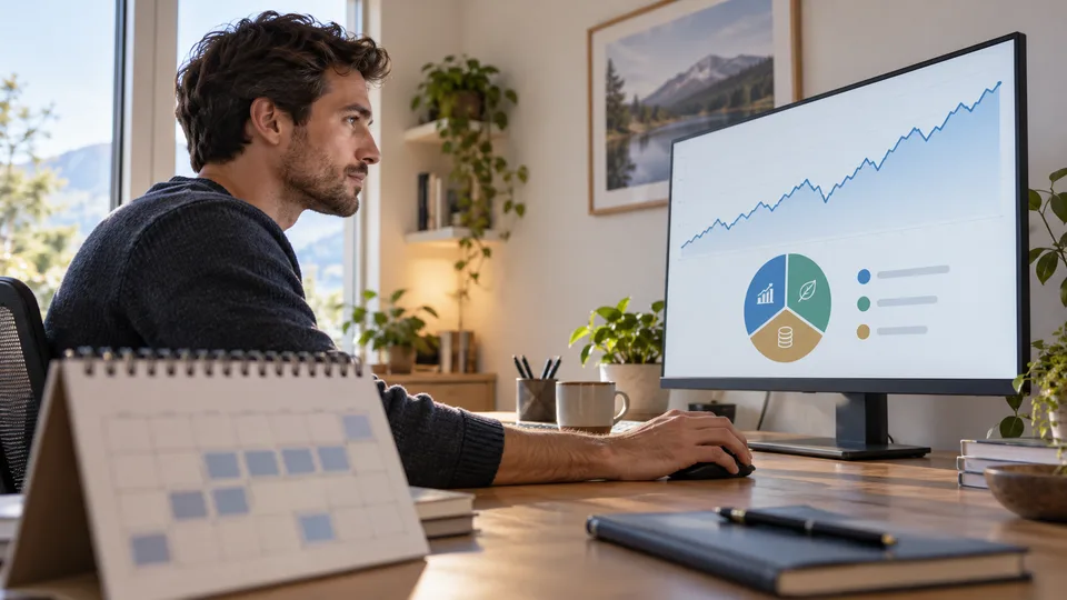 An investor weighs a recurring investment beside a calendar and market information.