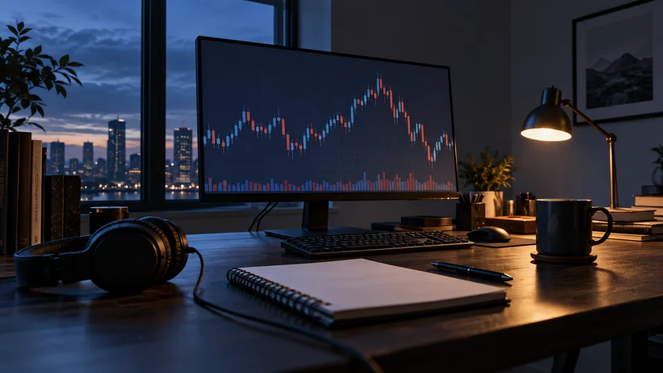 A research desk with market material and a clock prepared for an earnings release.