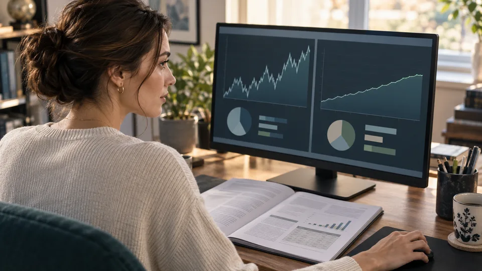 A woman compares stock and bond information on a screen beside a bound research report.