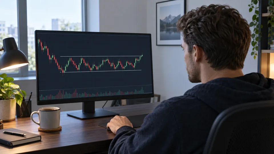 A forex trader keeps his hand off the mouse while watching a market chart.