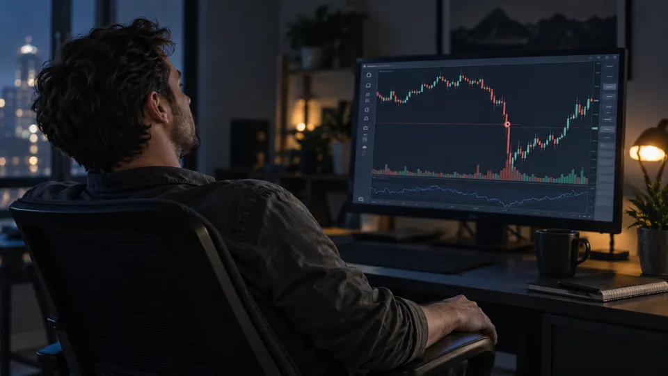 A trader leans back from a trading screen after a difficult exit.
