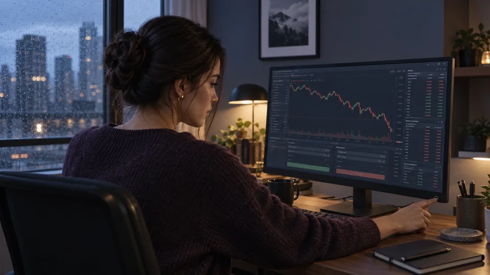 A woman closes her trading laptop rather than taking another impulsive position.
