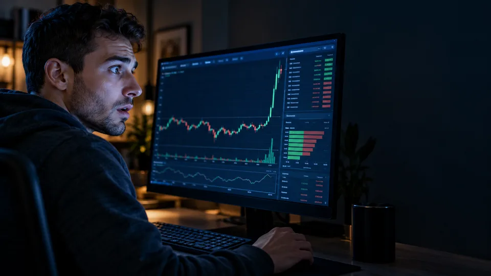 A currency trader reacts to a sharp move on his trading display.