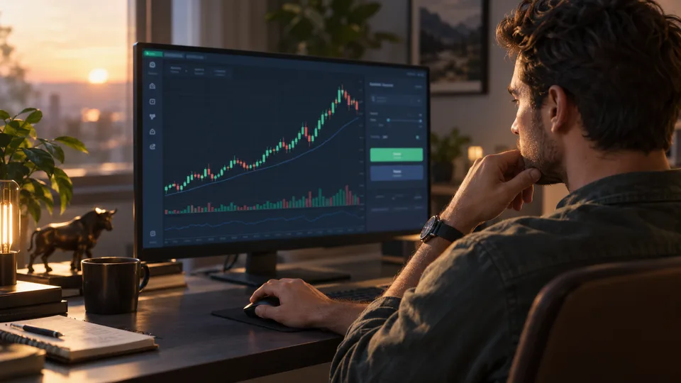 A trader pauses with a hand near the mouse while weighing a profitable position.