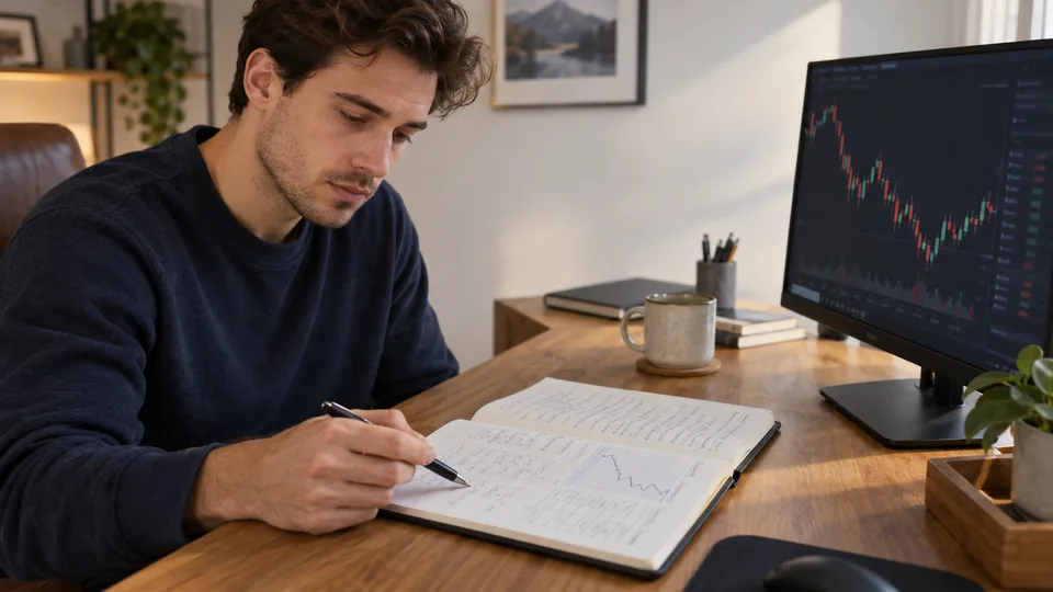 A discouraged trader reviews a handwritten journal beside his trading setup.