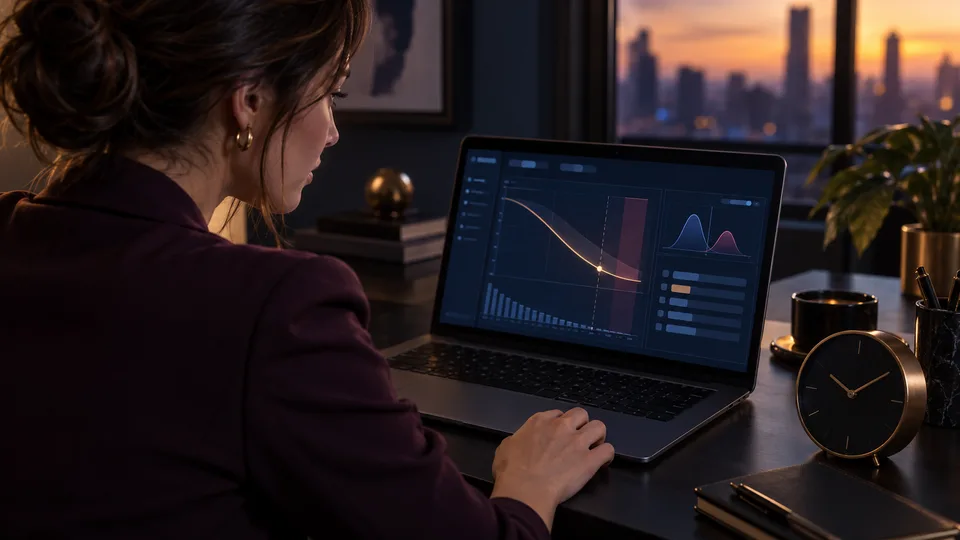 A woman checks an options position with a clock dominating the near foreground.