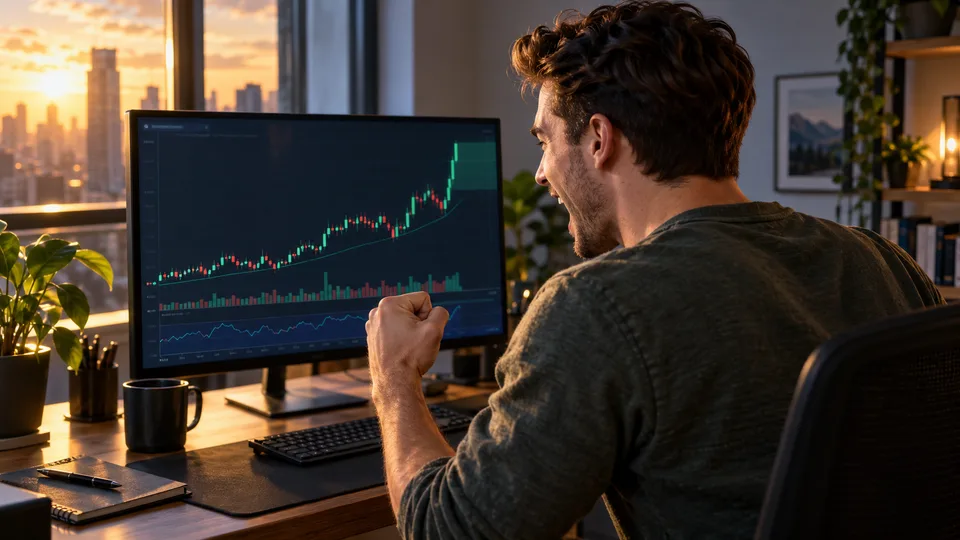 A trader rises from his desk after a favorable market move.