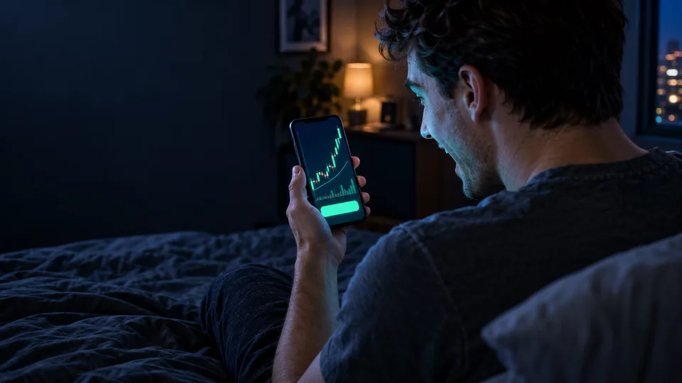 A man reaches for his phone in bed as crypto market information draws him back.