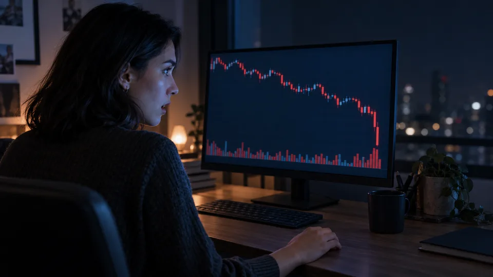 A woman freezes while looking at a sudden crypto market decline on her phone.
