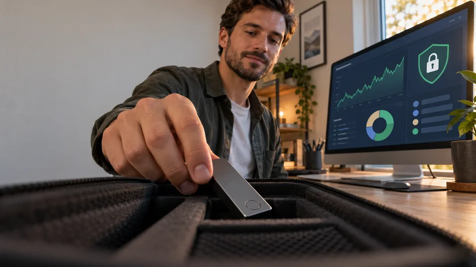 A man stores a hardware wallet after reviewing his crypto holdings.