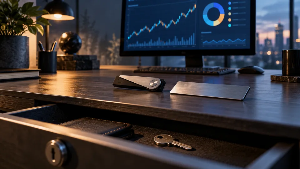 An unbranded hardware wallet and plain backup materials sit in a secure storage arrangement.