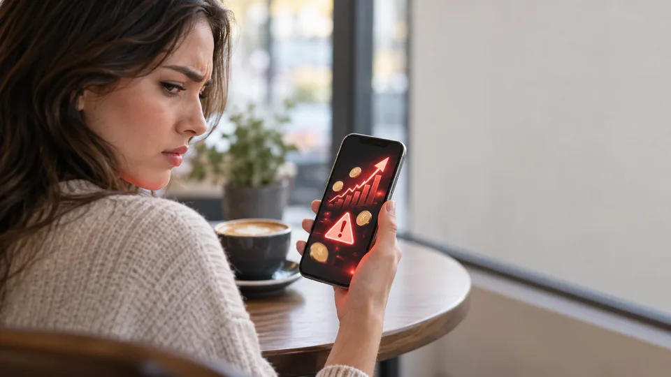 A woman pulls back from a suspicious investment message on her phone.