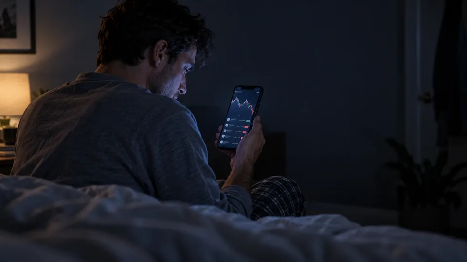 A sleepless investor checks market losses on a phone beside the bed.