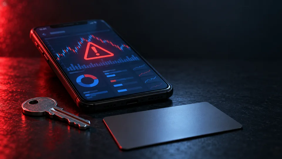 A phone and plain financial objects sit in tense light for an investment fraud concept.