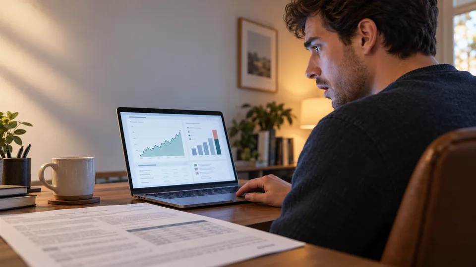 A man reacts to tax paperwork after a profitable investment.