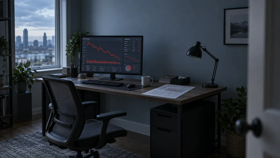 An empty trading desk and pulled-back chair remain after a difficult session.