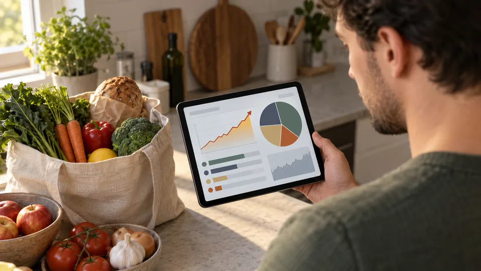 A man reviews household costs and investment papers together.