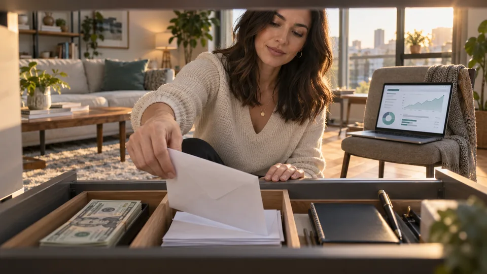 A woman separates emergency savings from money intended for investing.