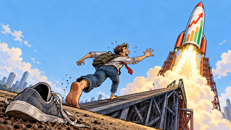 An exaggerated editorial cartoon shows an investor chasing a soaring market rocket.