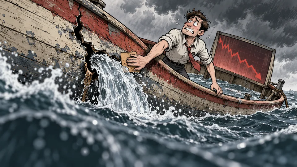 An editorial cartoon investor tries to patch a sinking trading boat with a tiny bandage.