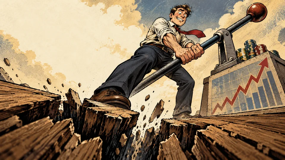 A cartoon trader strains on a giant lever as the floor beneath it gives way.