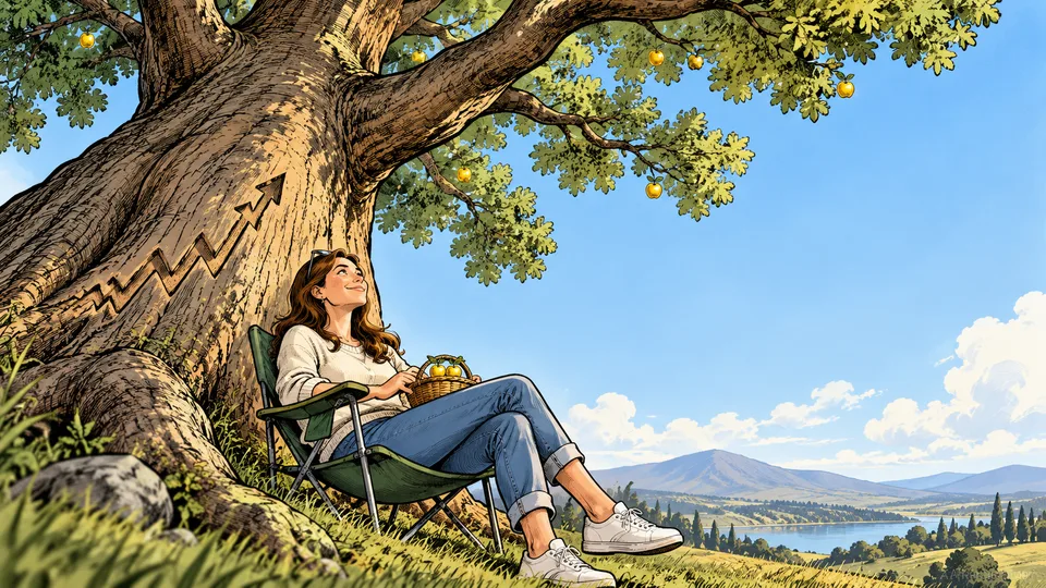 A woman waits beneath an outsized tree with tiny fruit in an investing cartoon.