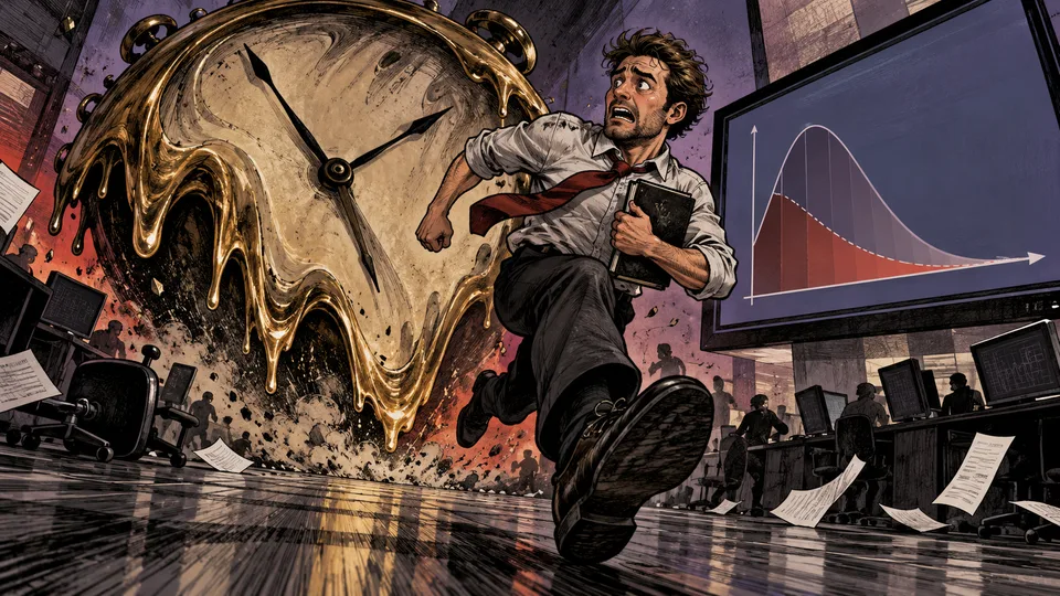 An enormous clock chases an options trader in a comic market scene.