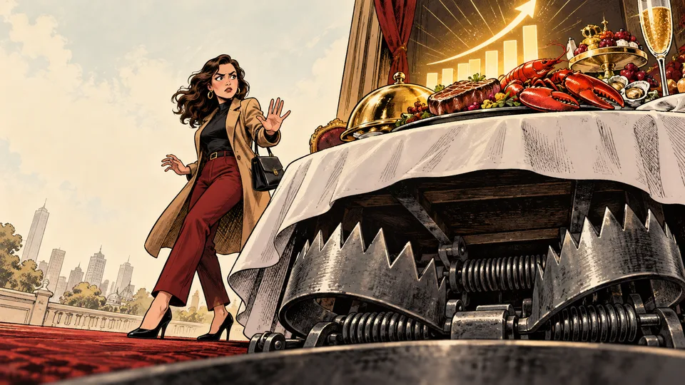 A woman spots a trap beneath a tempting free-lunch plate in a financial cartoon.