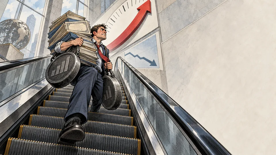 A cartoon investor carries a heavy bond bag on a reverse escalator.