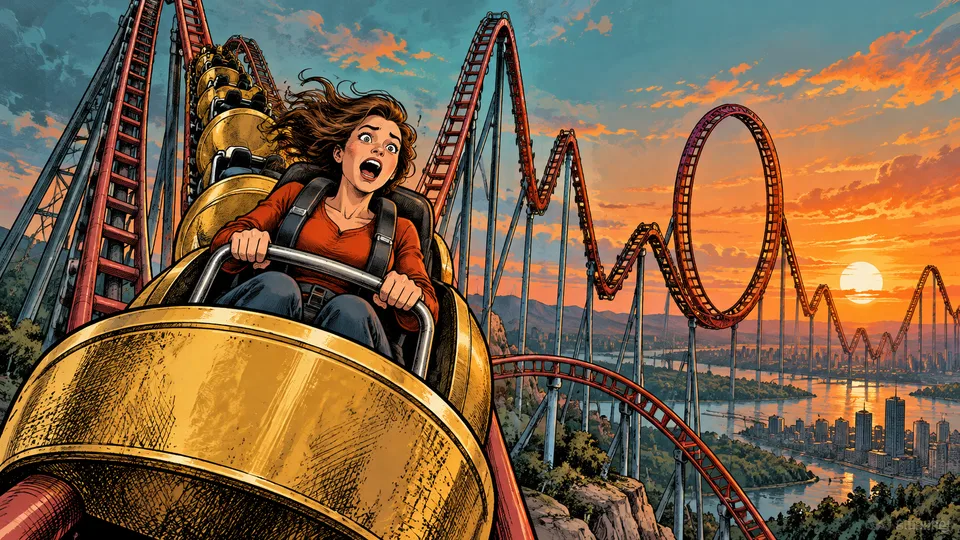 A woman rides a coin-like roller coaster through exaggerated crypto swings.