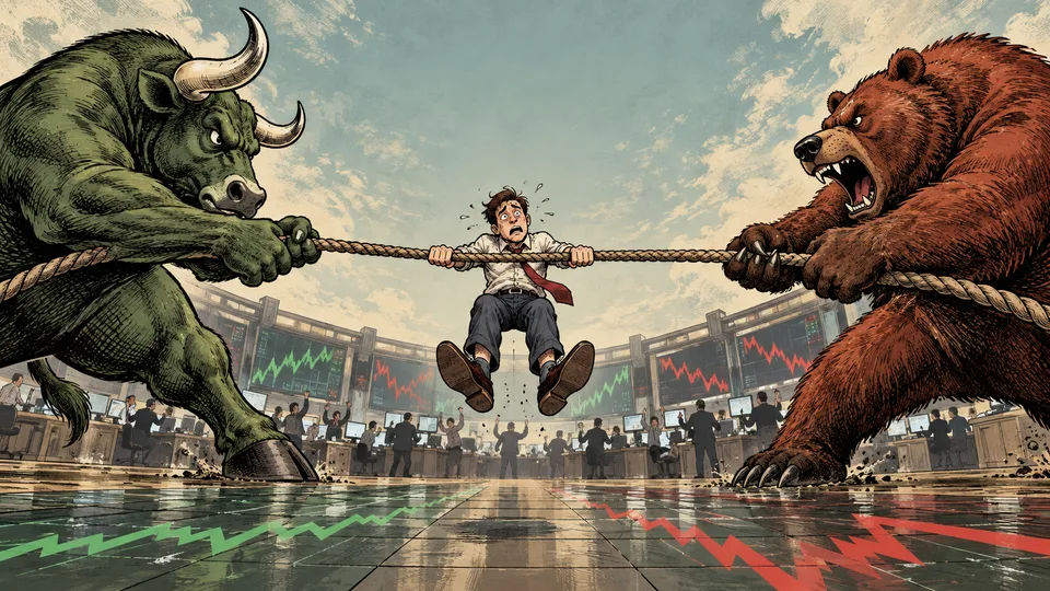 A trader hangs at the midpoint of a tug-of-war between a bull and a bear.