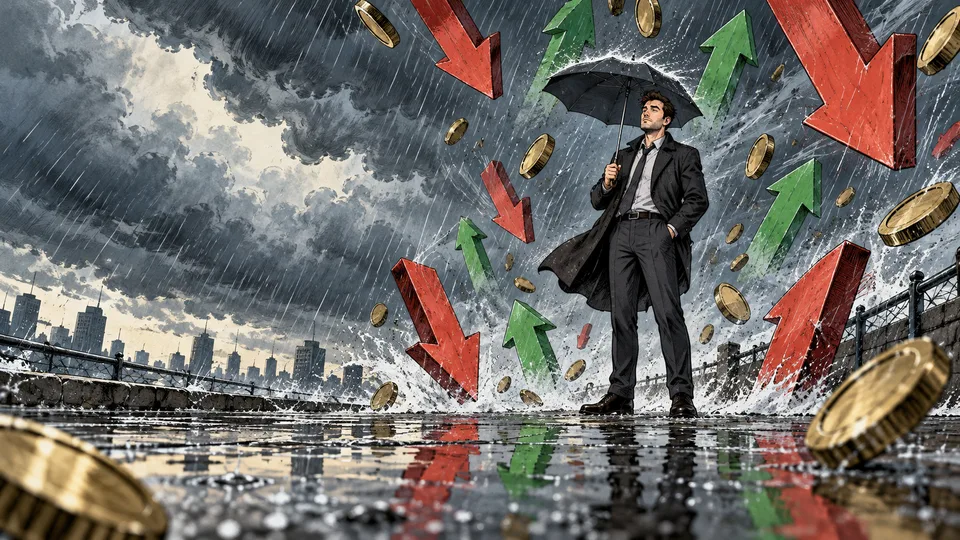 An investor stands beneath a sturdy umbrella in an outsized market storm.