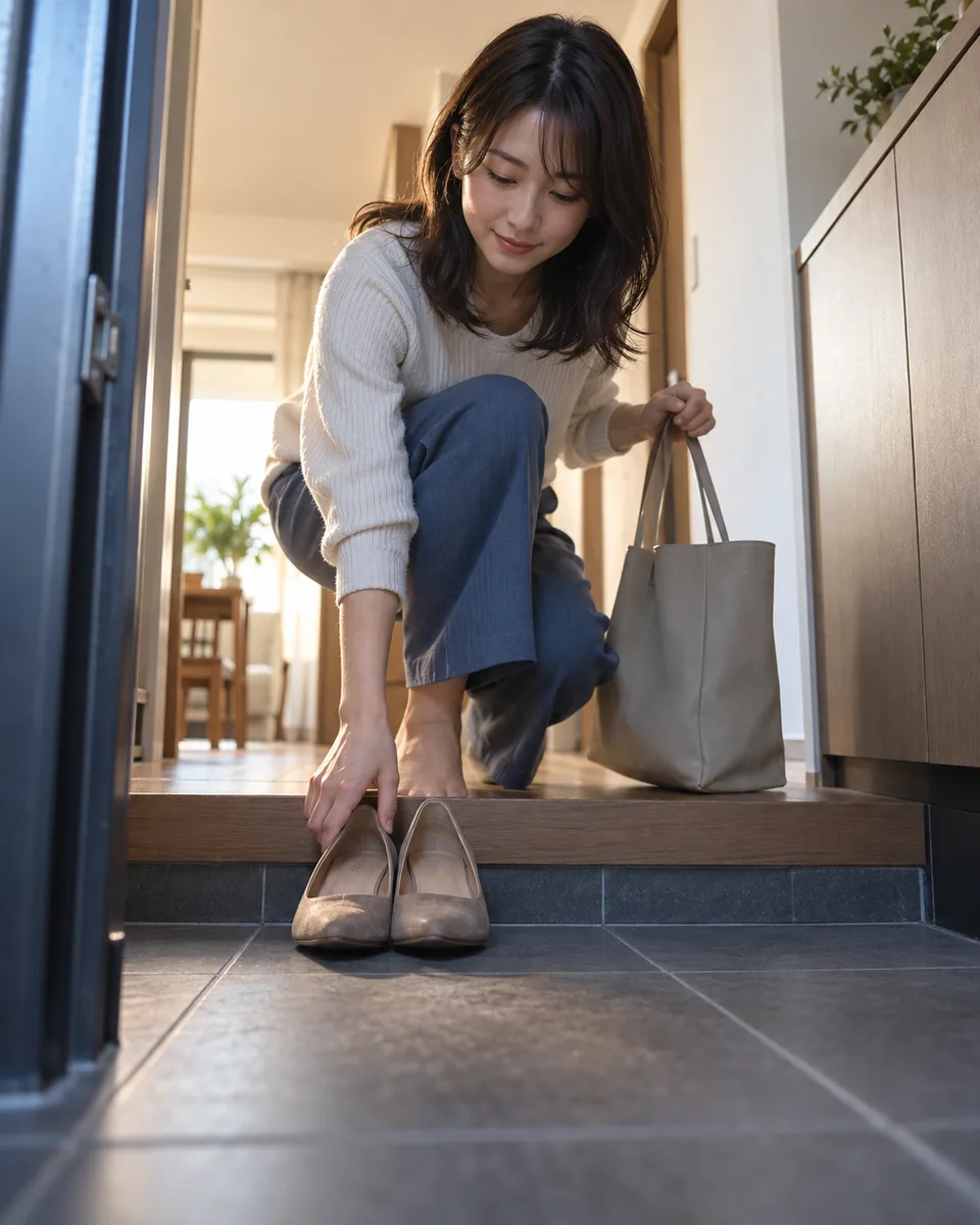 A young Japanese woman takes off her shoes at a compact apartment genkan, seen from a low angle along the entry floor.