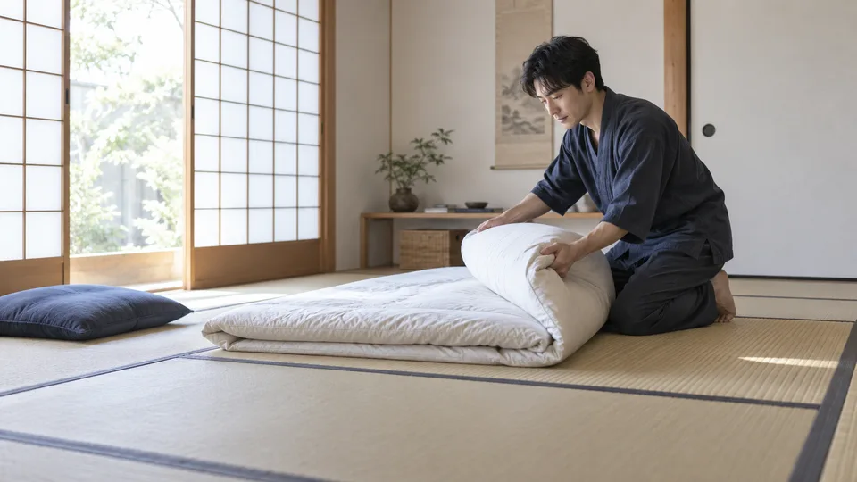 A young Japanese man folds a futon in a small sunlit room, making space for the rest of the day.