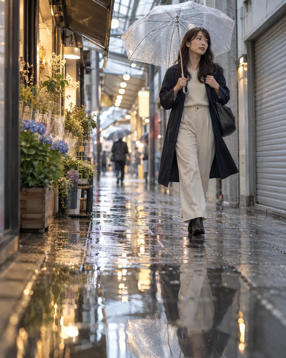 A young Japanese woman closes her umbrella beneath a covered shopping arcade while rain brightens the street beyond.