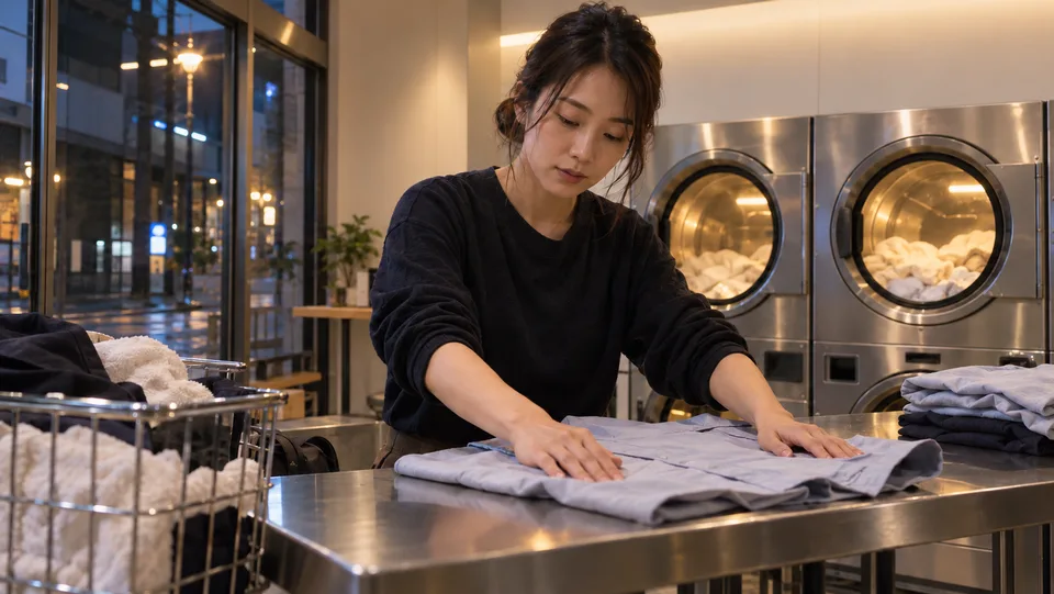 A young Japanese woman folds clean clothes at a neighborhood coin laundry, with softly lit machines behind her.