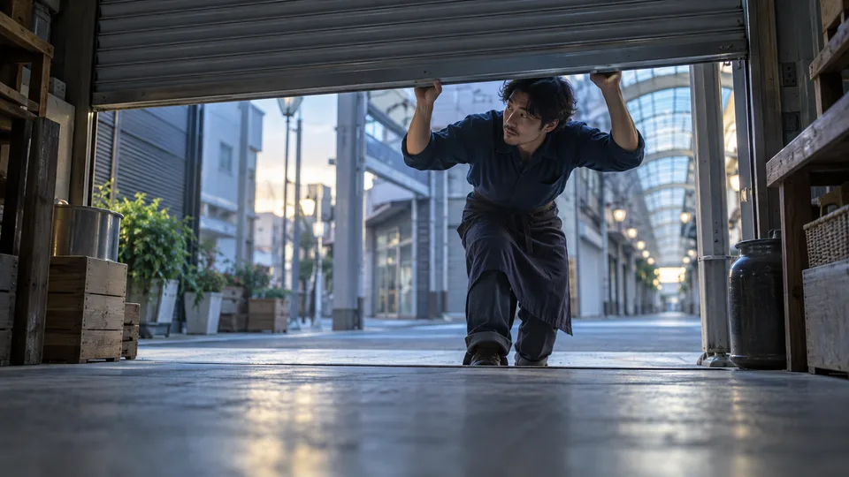 A young shopkeeper lifts the shutter of a small neighborhood store in the first light of day.